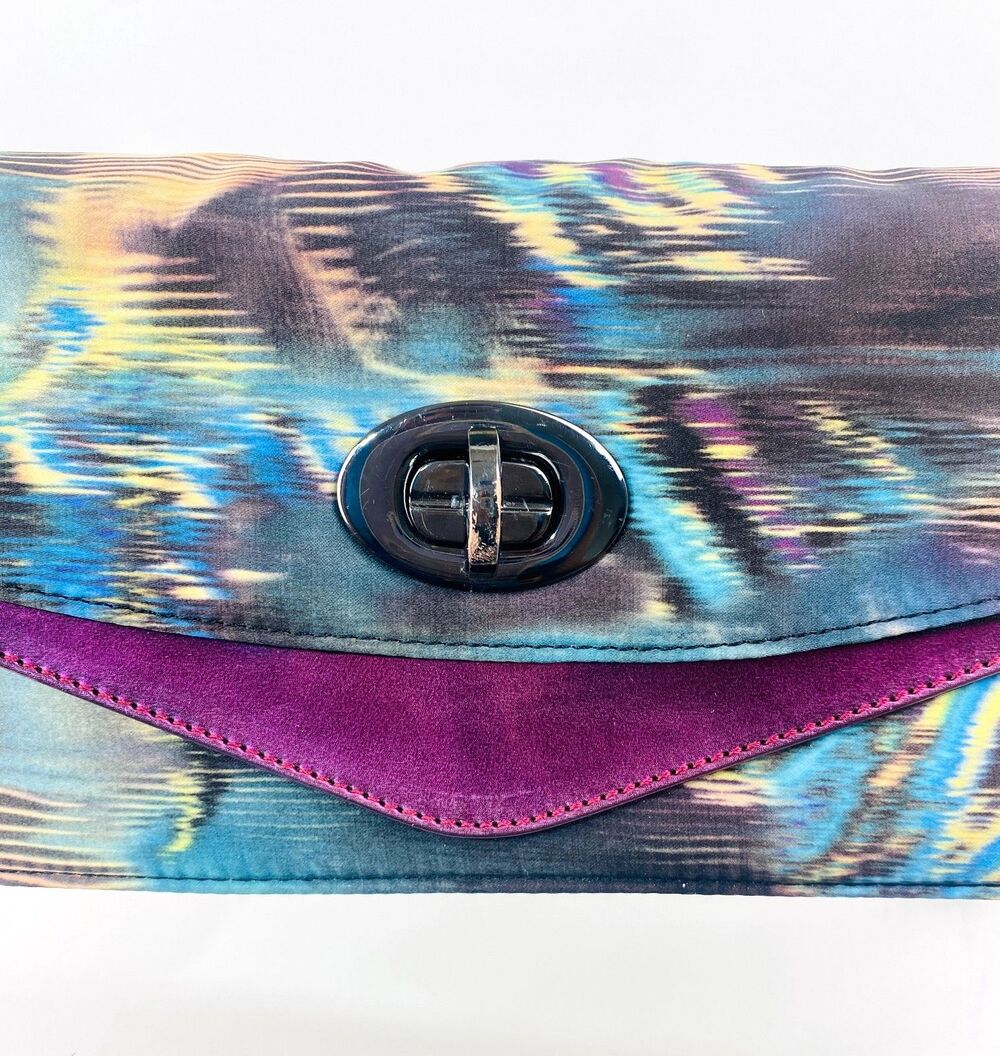 ALDO Multicolor Satin Exterior Chain Clutch Evening Bag Purse Gunmetal Chain - Picture 14 of 16